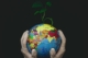 Earth Globe held by gloved hands with green plant sprouting